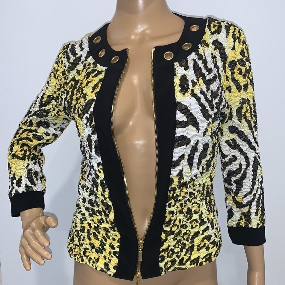 JOSEPH RIBKOFF Yellow tiger Animal Print Zip Up Dressy Sequin Jacket size 8 - Picture 12 of 15